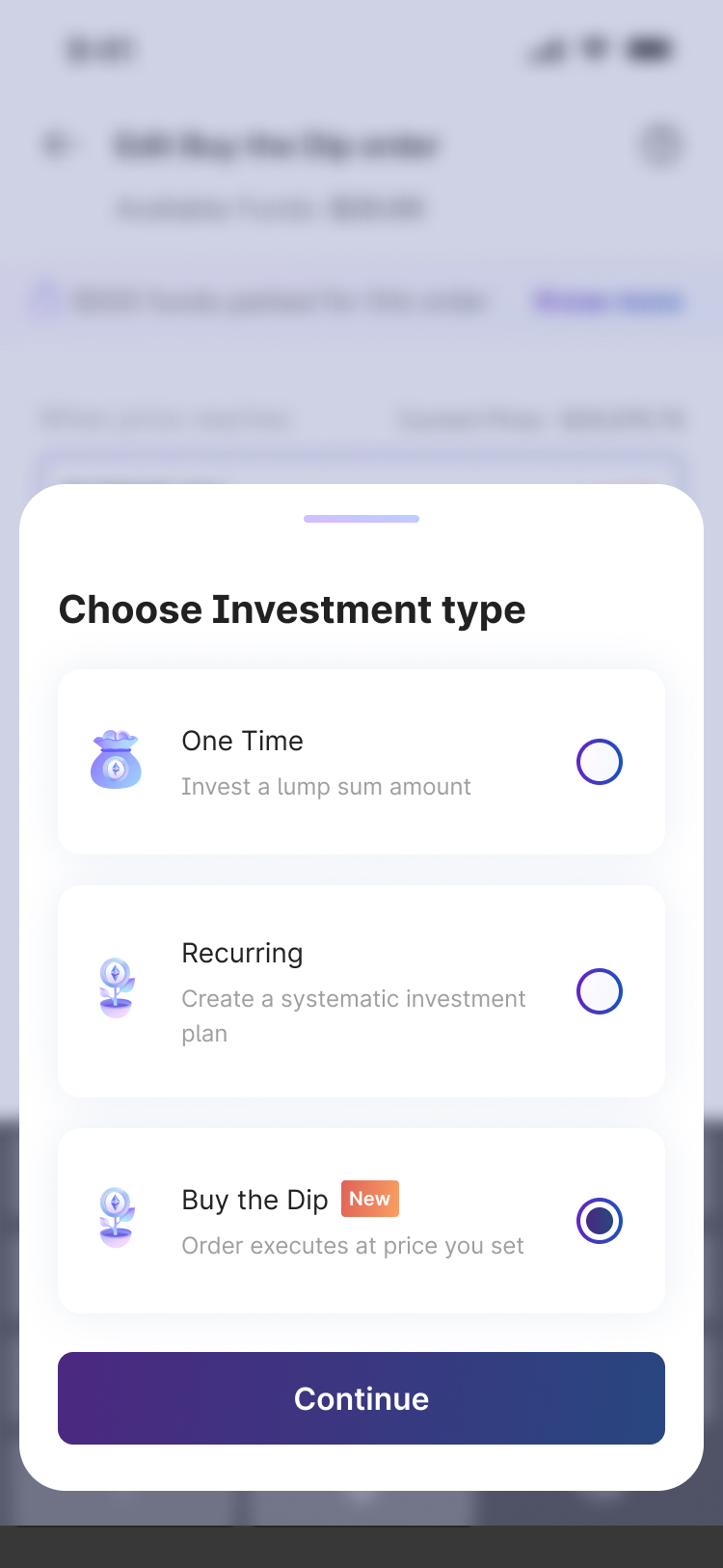 Investment type selector