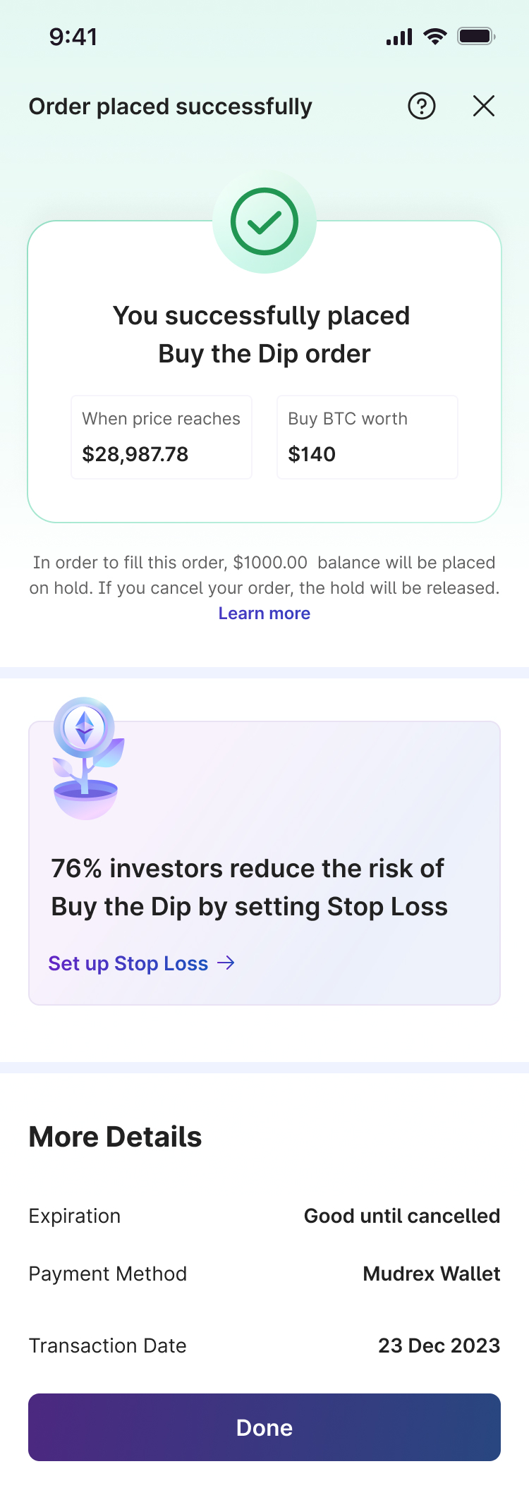 Success state with stop loss nudge